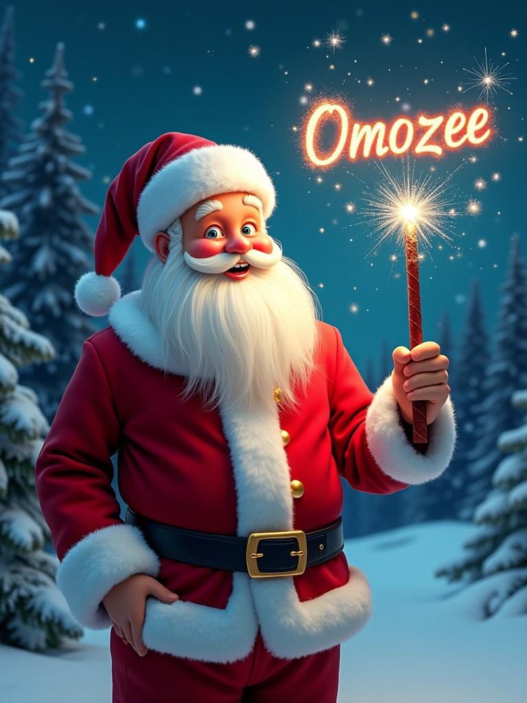 Jolly Santa Claus in snowy landscape. He holds a magical wand shining with sparkles spelling Omozee. Santa wears a red suit with white fur. Eyes twinkle with joy. Santa appears to write names in the sky. Behind him, snowy scene with evergreen trees and starry night sky. Atmosphere festive and magical.