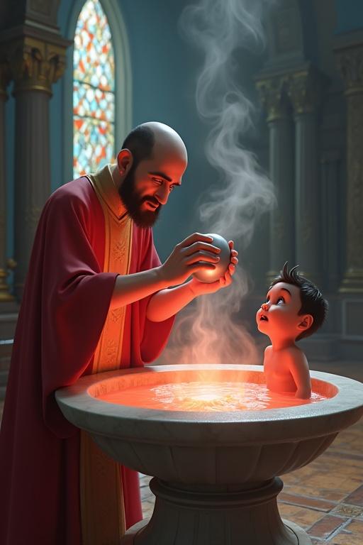 A cartoon scene in a Pixar-style 3D animated world. A marble baptismal font bubbles and glows red. Steam swirls in the air. The gaunt priest holds a silver shell, eyes wide. The baby stares back, both with deep black eyes. The chapel has dim stained-glass windows. The floor shows slight distortion. Hyper-dramatic FX in 8K rendering.