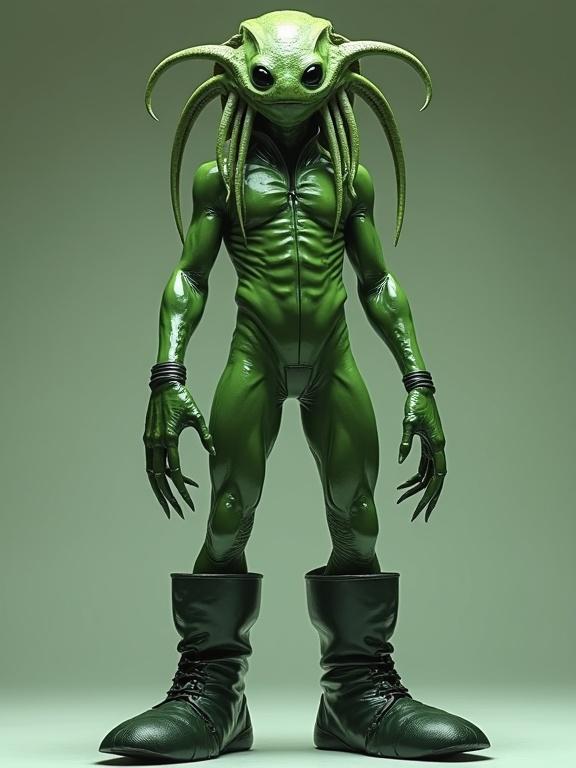 Photorealistic portrait of a humanoid alien. Slimy, viridian skin. Large black eyes. Tentacles on the head resembling dreadlocks. Very tall stature. Wearing a shiny, skintight latex suit. Big boots. Lean, sinewy body.