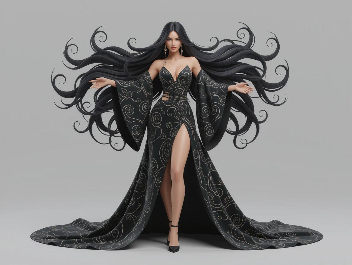 3D depiction of a fierce woman dressed in a glamorous black gown with intricate gold patterns. The gown features a thigh-high slit and flowing sleeves. The woman has long, flowing hair and a confident stance.