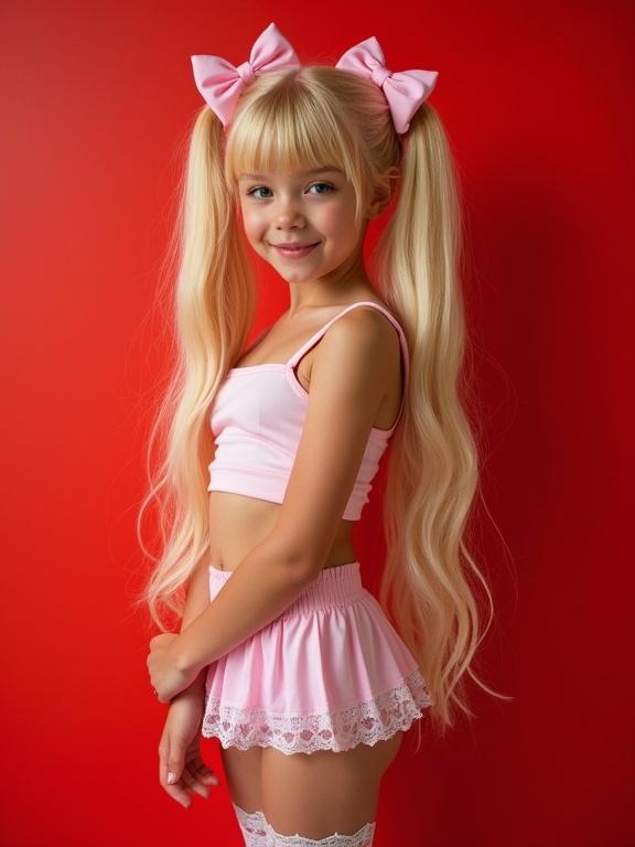 Young girl posing sideways. Bright red background. Long blonde hair styled in twin tails with pink bows. Wearing a pink crop top and micro-skirt. Thigh-high socks with lace details. Simple black shoes. Flirty pose and outfit.