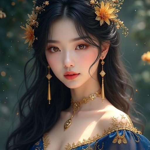 Portrait of a beautiful woman with anime features emphasizing magical and ethereal beauty. She has a porcelain skin tone with a glow. Her deep rose lips are slightly parted. Her captivating amber eyes shimmer with starlight. Her deep black hair has silver-white strands and golden flowers. She is wearing a midnight blue silk gown with gold embroidery. She is seated by a sunlit window with floating lotus flowers and a starry backdrop.