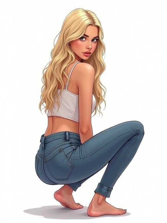 Full body portrait of a female teenager with light skin and long wavy blonde hair. She is wearing a crop top and skintight jeans while crouching. The background is white. The style features soft lighting and smooth lines typical of comic book illustrations.