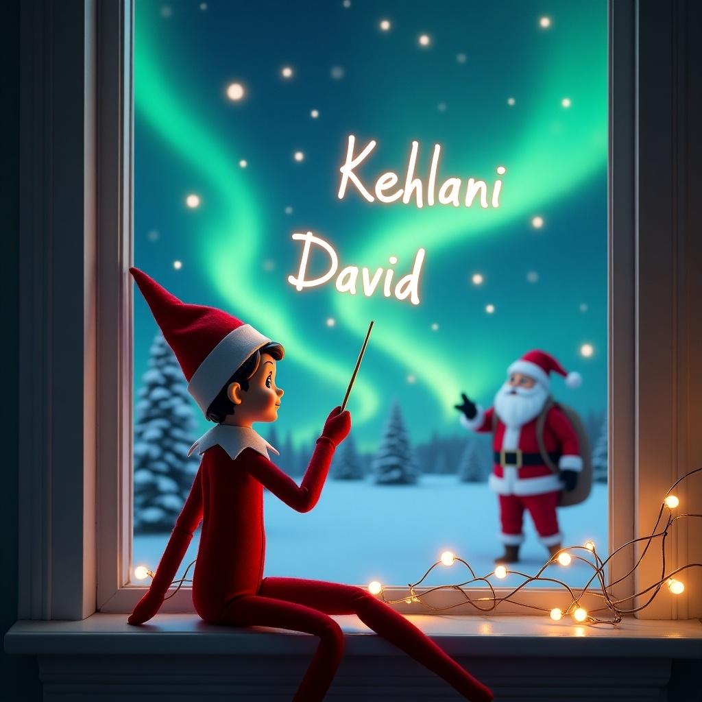 Elf on the shelf sits on windowsill. The elf is dressed in red and white. The elf uses a wand to write names in the air. Night sky has swirling northern lights. Santa Claus is visible in the background. The words are ‘Kehlani', ‘Dominic’, ‘David’. It’s a festive and enchanting Christmas scene.