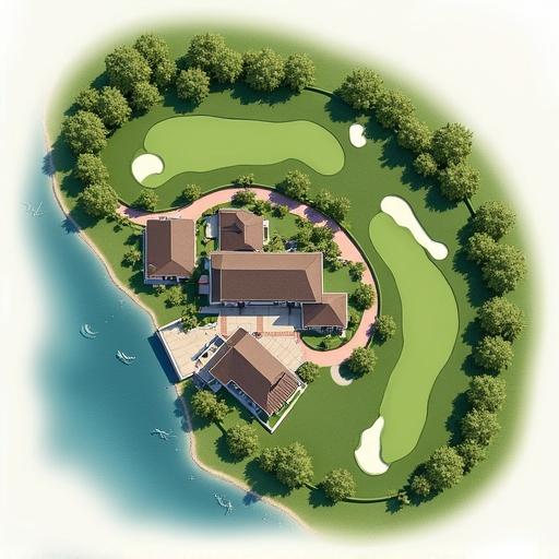 2D vector illustration of a golf course floor plan. Modern design with detailed clubhouse layout. Includes 18-hole course with fairways, greens, sand bunkers, and water features. Organized space in neutral colors. Highlights amenities like lounge and pro shop.