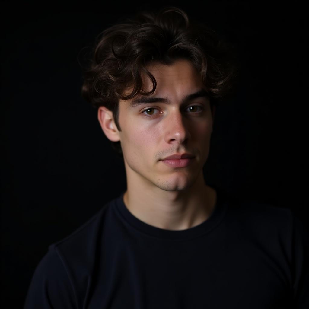 Portrait of a young man with a serious look against a dark background. Focused expression and soft lighting highlight face.