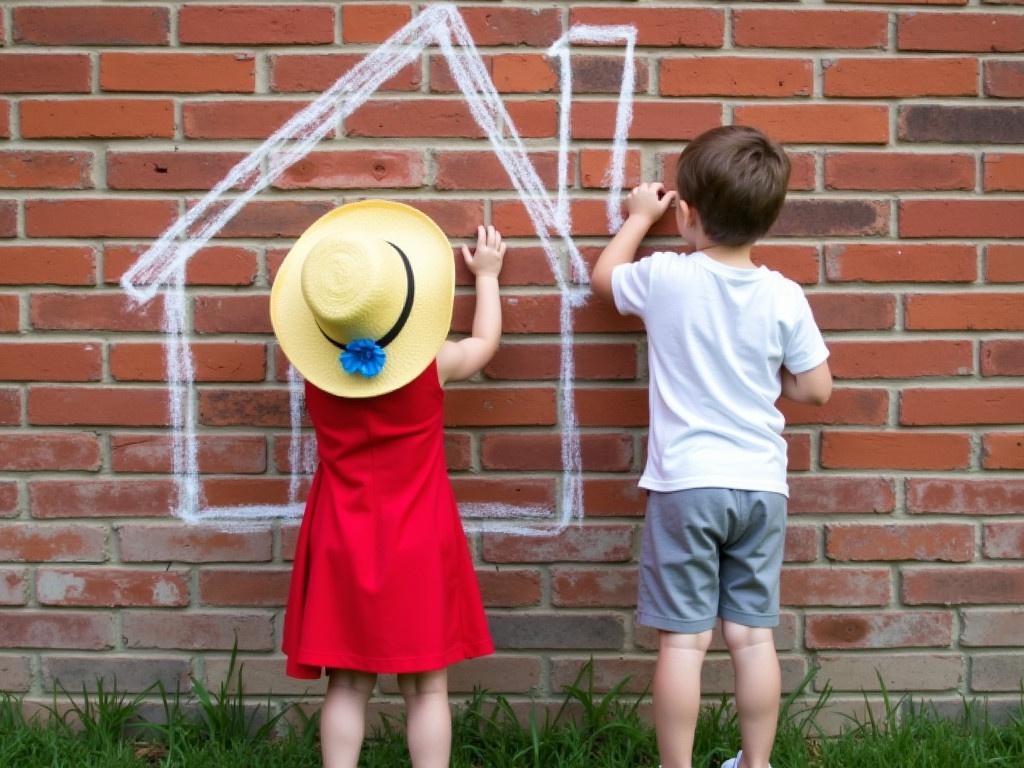 Stock photography features two kids on stools facing a brick wall. They draw with white chalk resembling a house outline. The left child wears a red dress and yellow straw hat. The right child wears a white shirt and grey shorts. Grass and greenery are visible in the background.