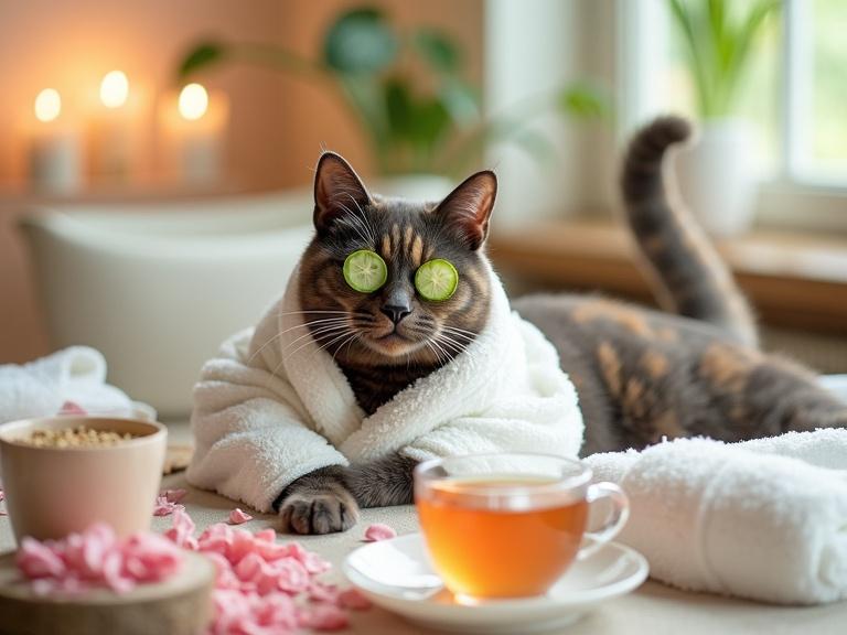 A tortoiseshell cat lounges in a spa. Cat wears a white robe and cucumber slices on eyes. Cat looks confident and playful. Rose petals surround the cat and a cup of herbal tea is nearby. Soft pastel colors and sunlight create a serene ambiance.