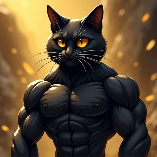 A muscular black cat with a serious face wearing dark shades. The cat is styled in a cartoon theme, representing meme coin culture with a background related to gold mining.