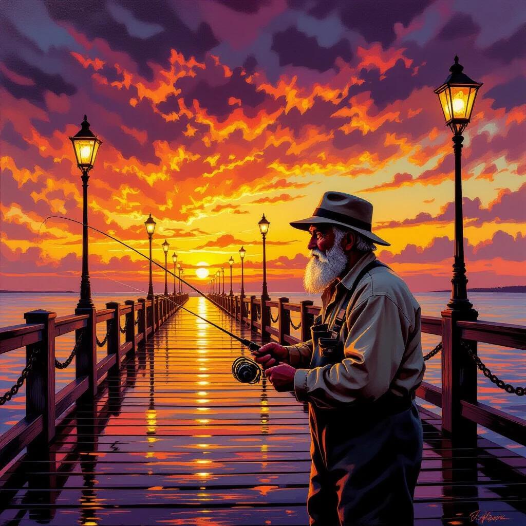 A dramatic oil painting of an elderly fisherman casting his line from a wooden pier at sunset. He wears a fishing hat and canvas jacket while holding a vintage fishing rod. The sky is filled with vibrant colors such as golden yellows and deep oranges and magenta and purple clouds. Street lamps line the wooden boardwalk with chain railings. Water mirrors the colorful sky while wet wooden planks reflect the scene. Warm backlighting enhances the mood. Rich textures and impressionistic brushwork create a peaceful atmosphere.
