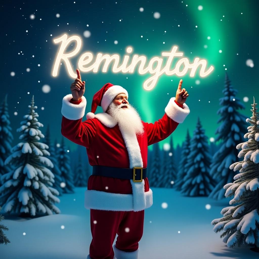 The image captures a magical moment in a winter wonderland, featuring Santa Claus in his classic red suit and hat. He stands joyfully, pointing upward as if writing in the sky. The night sky is illuminated with the name 'Remington' in glowing letters, created by Santa's wand. Snowflakes fall gently around him, enhancing the festive feel. Surrounded by snowy trees, the enchanting northern lights create a backdrop that adds to the scene's charm. This image embodies the spirit of Christmas and joy during the holiday season.