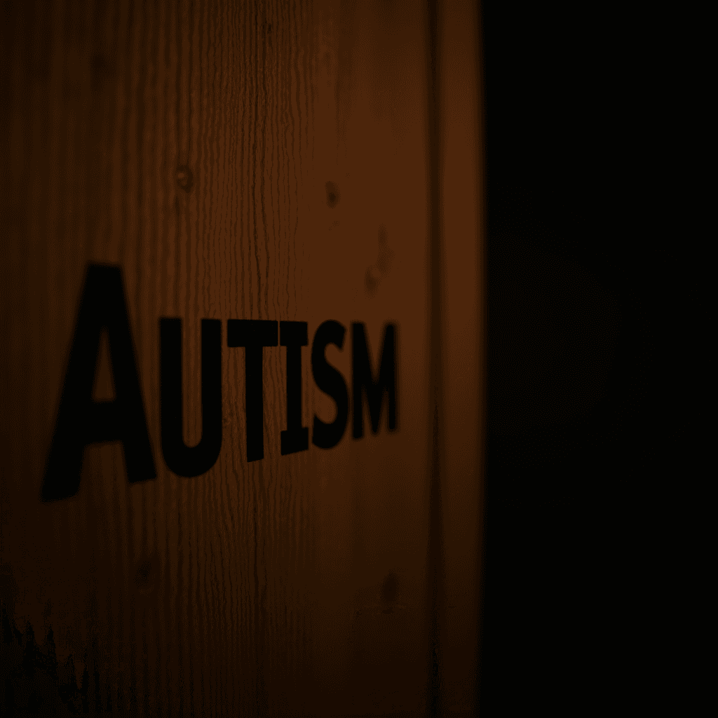 The word 'Autism' is prominently displayed in dark letters against a textured wooden background.