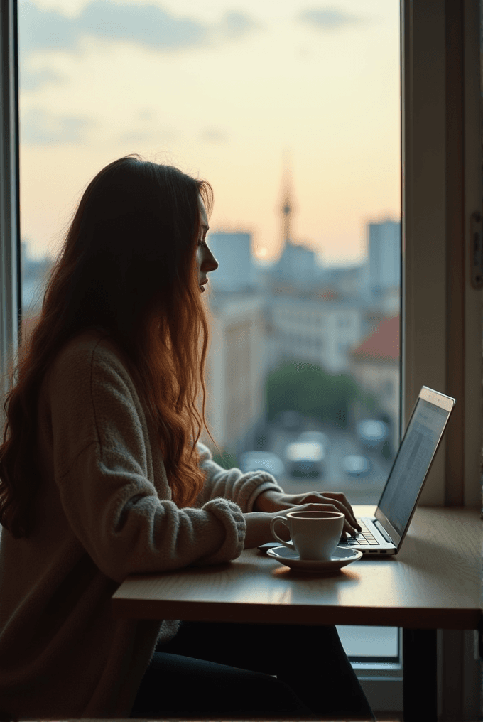 A woman with long hair using a laptop at a table by a window during a calm sunset.