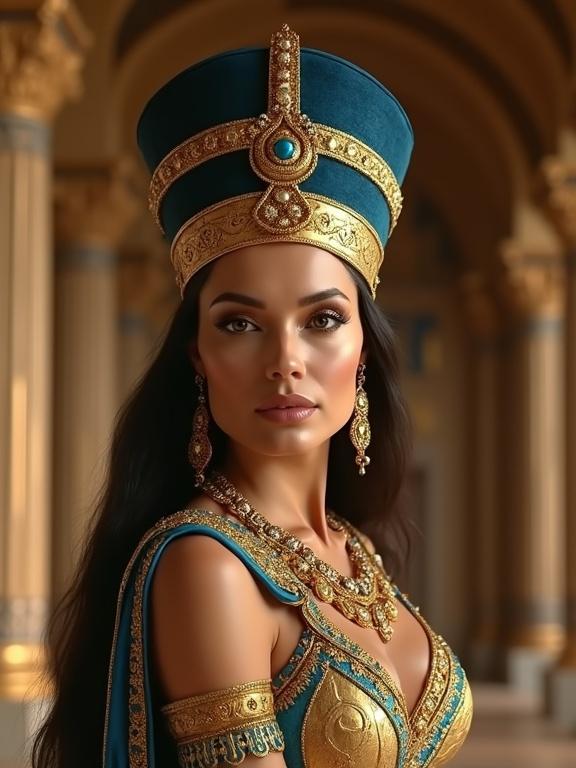 Hyper-realistic cinematic portrait of a woman as Queen Cleopatra. She has fair tanned skin with a light tone. Sculpted face large almond-shaped eyes soft lips. Wears an elaborate headdress adorned with jewels gold filigree opulent gown in gold blue. Lavish palace background warm golden light