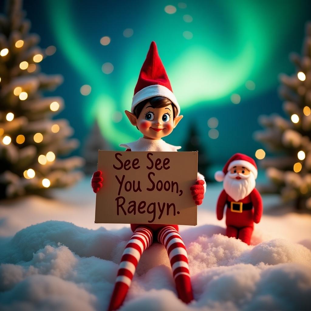 Elf on the Shelf holds a sign saying See You Soon Raegyn. Elf wears red and white stripes. Festive backdrop with lights and snow-covered trees. Magical northern lights in the sky. Friendly Santa figure beside the elf. Cheerful and warm atmosphere.