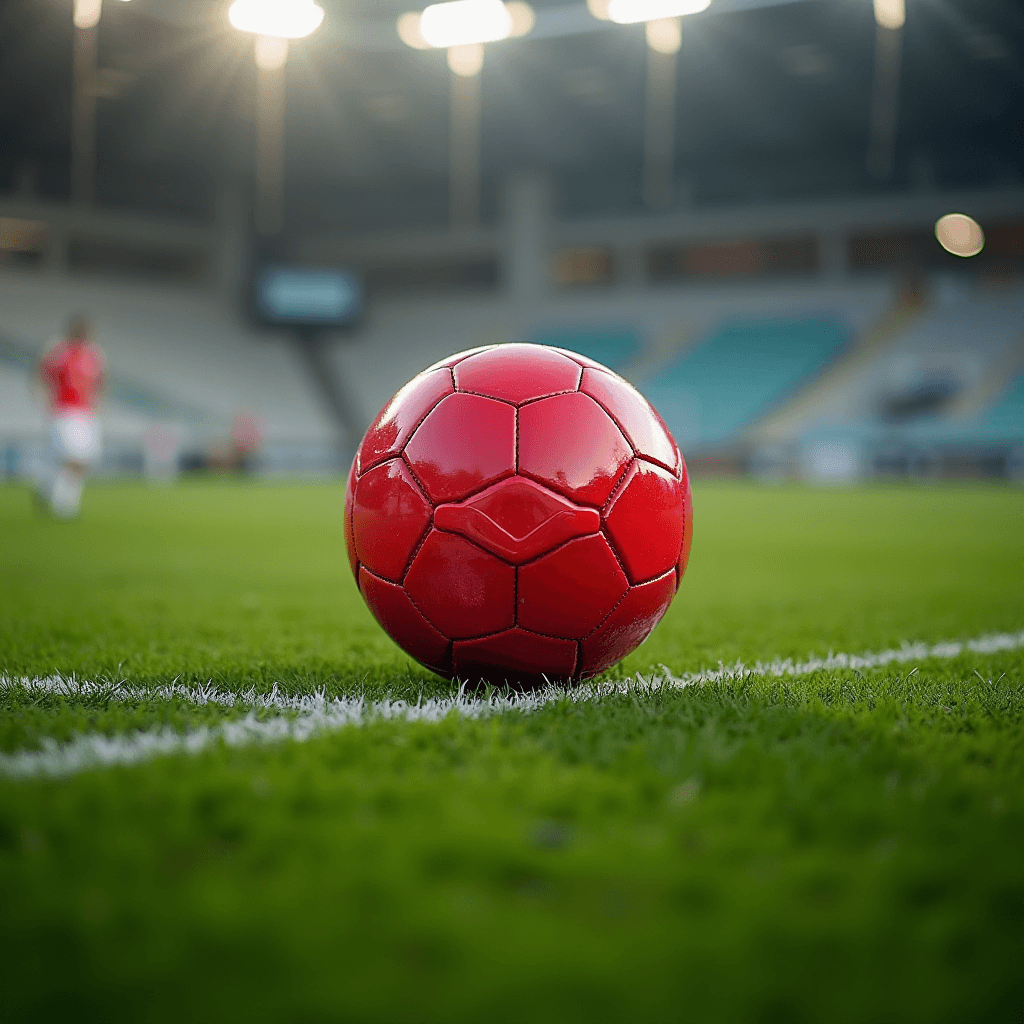 A vibrant red soccer ball rests on a lush green field, illuminated under stadium lights with blurred stands in the background.