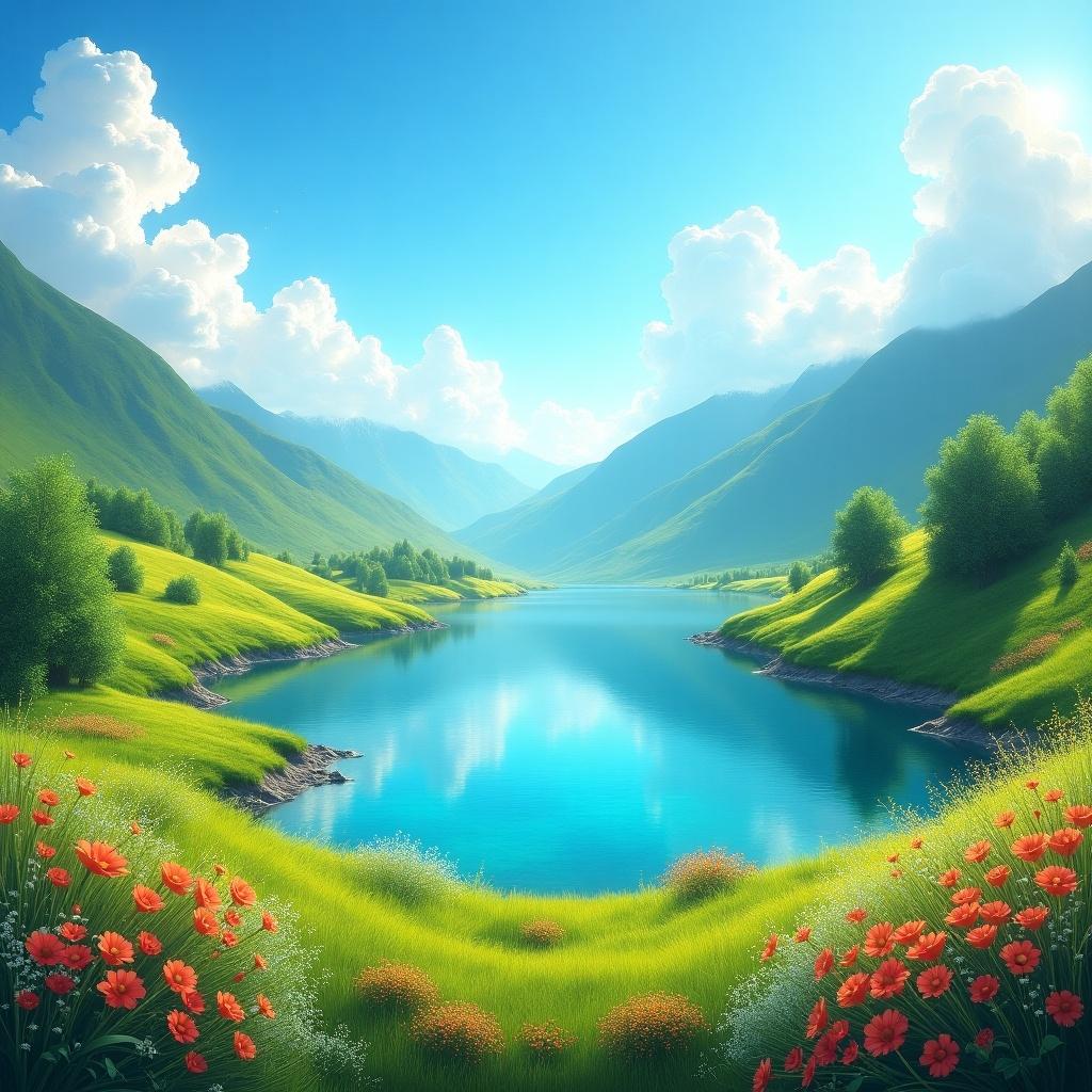 A vibrant landscape featuring a lake surrounded by green hills and colorful flowers under a bright blue sky.