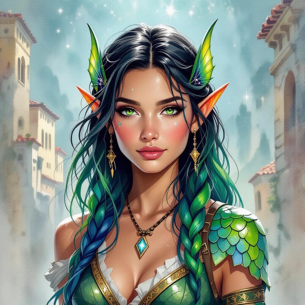 Illustration of a young Triton character. Features sharp finned ears and scaled skin with green-blue hues. Set in a harsh Ancient-Grecian-Fantasy port city. Dressed in Ancient-Greek clothing while wielding a black stone casting constellations. Has long green-blue hair. Theme of diving into the stars.