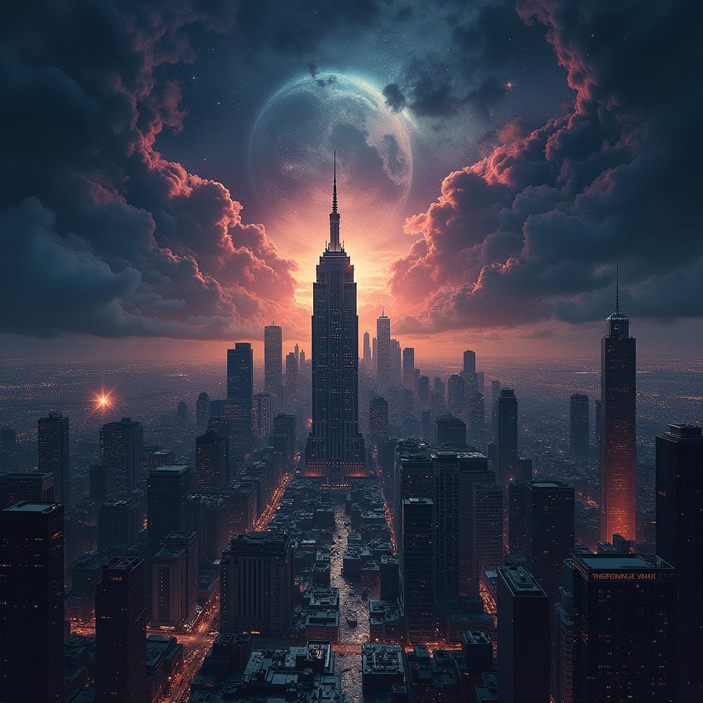 Dark captivating scene of a cosmic city skyline with the Empire State Building at sunset. Digital art design. Text reads DJ Droptronixx.