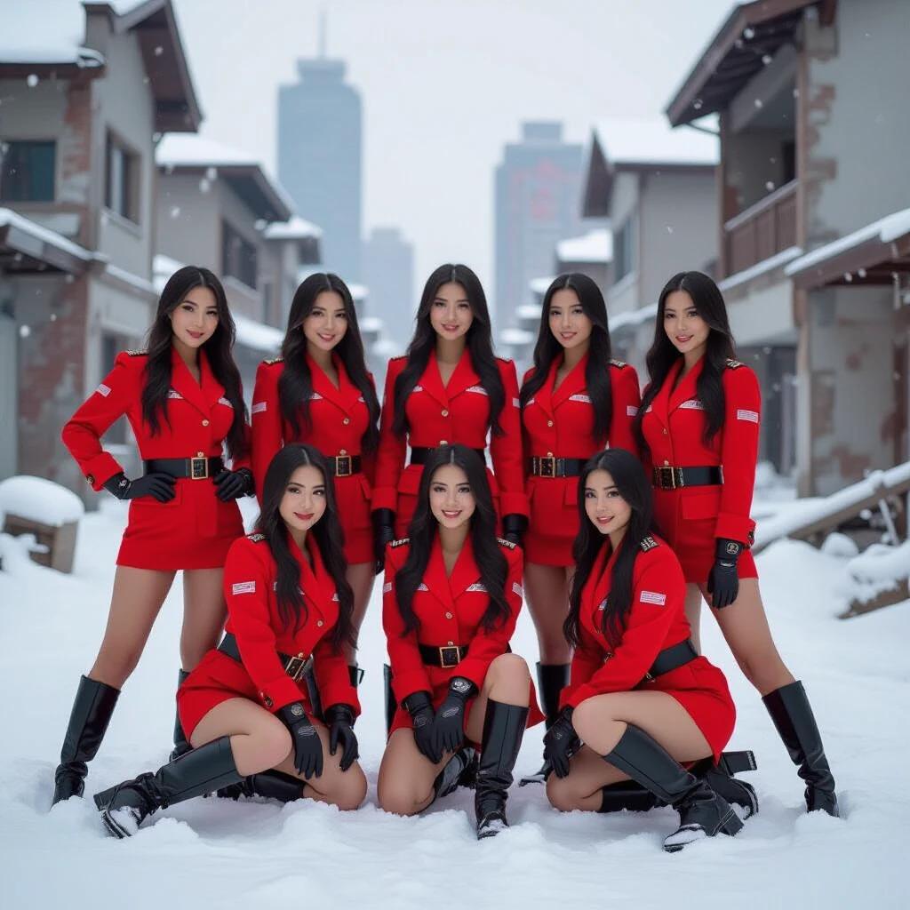 A group of eight beautiful oriental women poses confidently in snow. They wear red fighting outfits with black accents and hold weapons. The background shows a snowy urban environment.