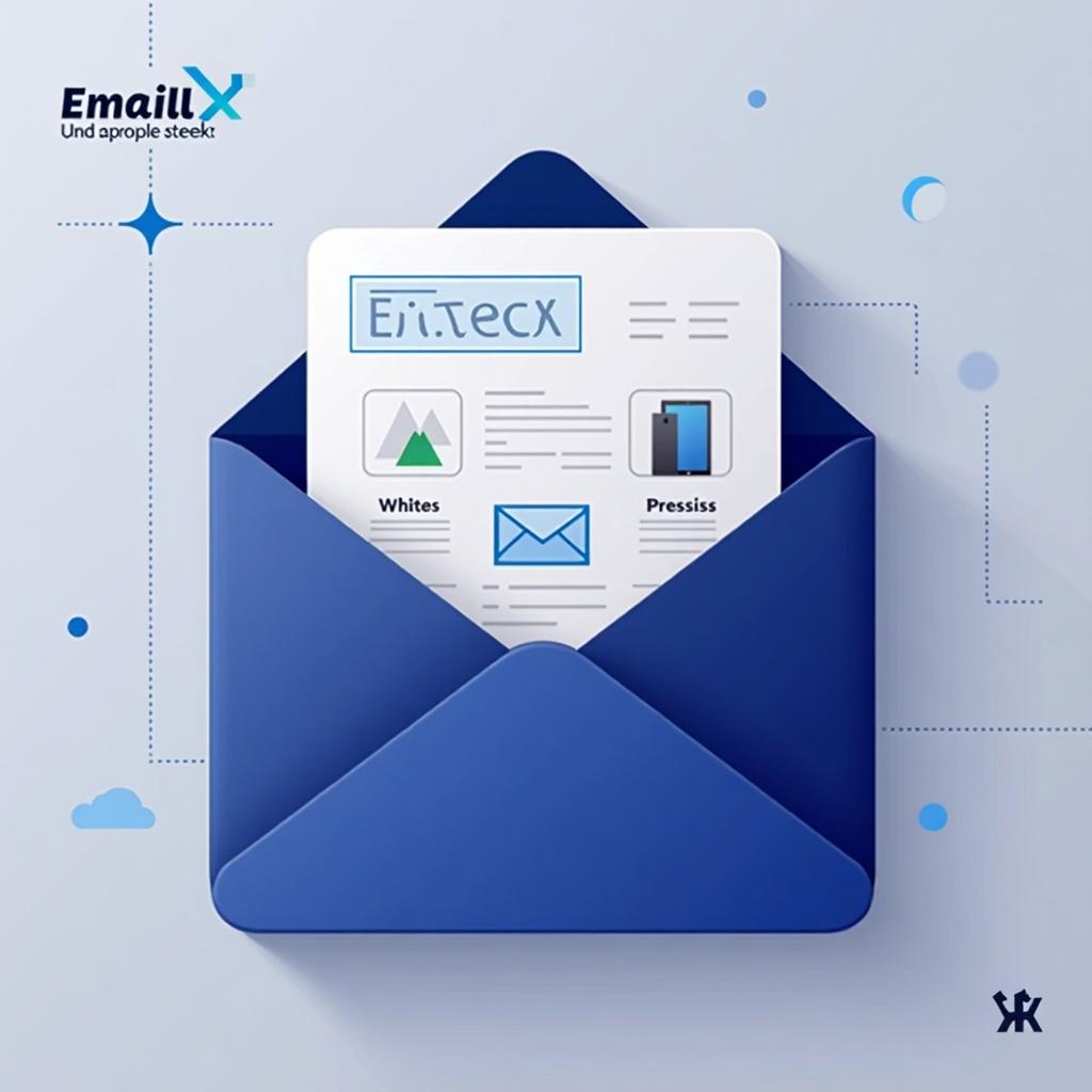 Design features an open blue envelope with email content displayed inside. Focus on simplicity and professional tech aesthetics. Includes branding elements for email services.