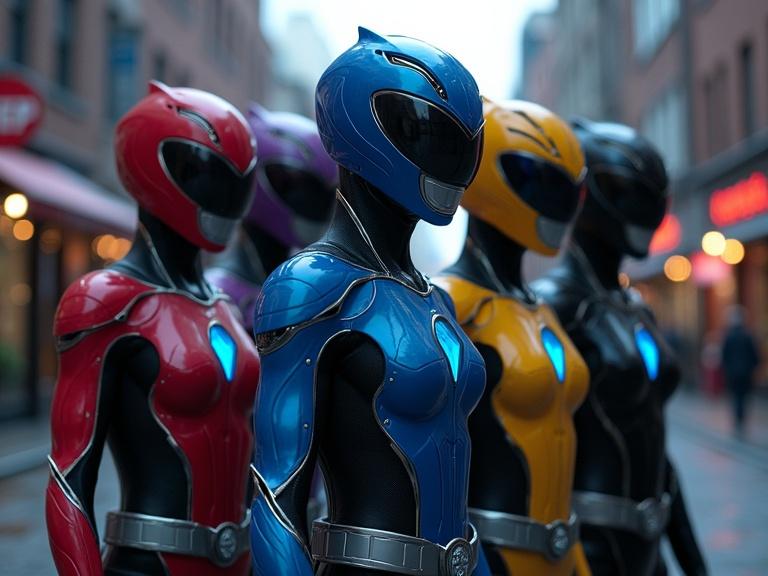 Dark cinematic scene with five young Power Rangers wearing exo armor. The Rangers are in a street setting. Their suits feature sleek lines and glowing elements. The colors include red, blue, yellow, black, and light purple. The environment has buildings and store fronts. The atmosphere is cloudy and dark.