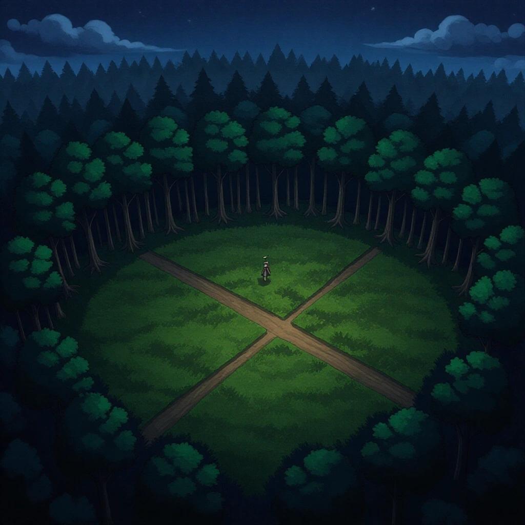 An empty battlefield land inside a deep forest at night. Bird's eye view with no characters and no sky. Dimmed lighting creates a fantasy atmosphere.