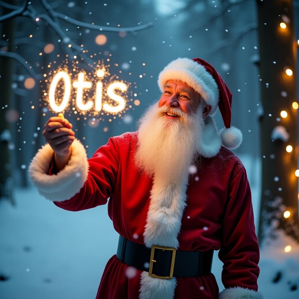 This enchanting image captures Santa Claus in a snowy forest during Christmas time. He is joyfully using a glow stick to write the name 'Otis' in the air. The scene is filled with soft falling snowflakes, creating a magical atmosphere. Warm lights from nearby trees add to the festive spirit, making the environment feel inviting and cheerful. Santa's outfit is traditional, featuring a bright red coat with white fur trim and a black belt. His joyful expression radiates holiday cheer, making this image perfect for Christmas celebrations.