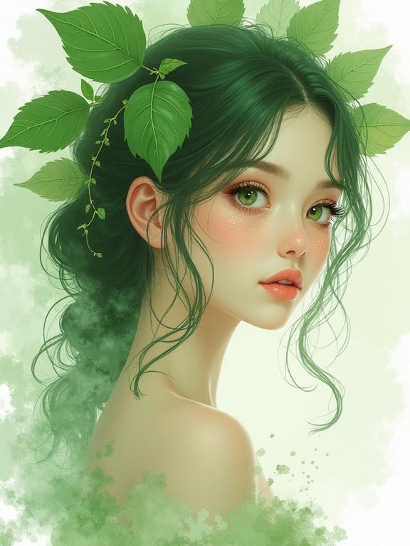 A digital artwork features a leafy princess. The artwork has an ethereal quality with washed watercolor style. Loose strokes hint at her features. Captivating eyes create a dreamlike effect. The composition is free-flowing with painterly lines.