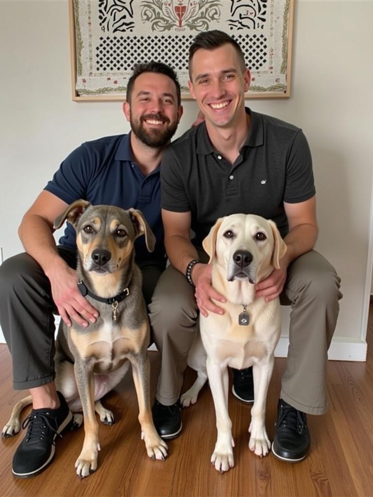 Two men sit on the floor with two dogs in front of them. The dogs appear friendly and well-groomed. They are inside a room with a simple decor.