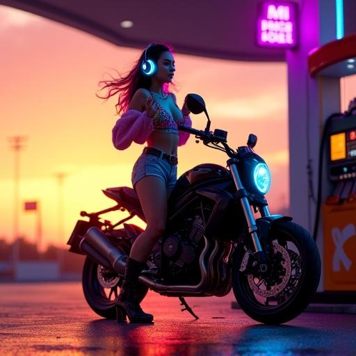 A vibrant young woman with neon-streaked hair dances beside her glossy black Superbike at a sunset gas station. She pumps fuel one-handed wearing wireless headphones. Her cropped bolero sweater reveals a geometric-patterned bralette. Liquid gold sunlight clashes with electric violet neon signs. Gasoline splashes in mid-air. Her leather boots kick up dust. Shot with a low-angle perspective, reflecting motion and energy.