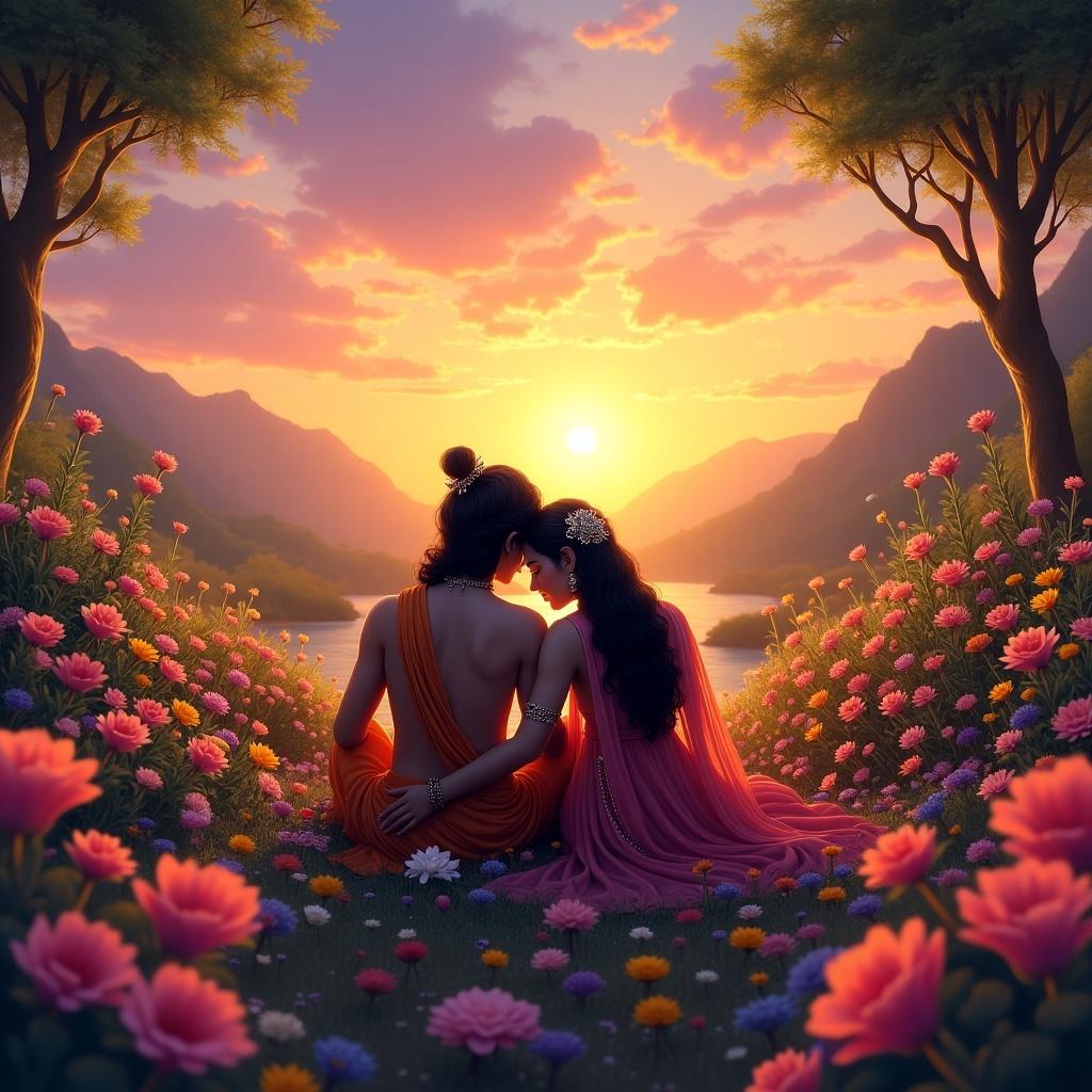 Vibrant scene in a garden, full of flowers. Radha leans on Krishna's shoulder. They are sitting together, watching a beautiful sunset.