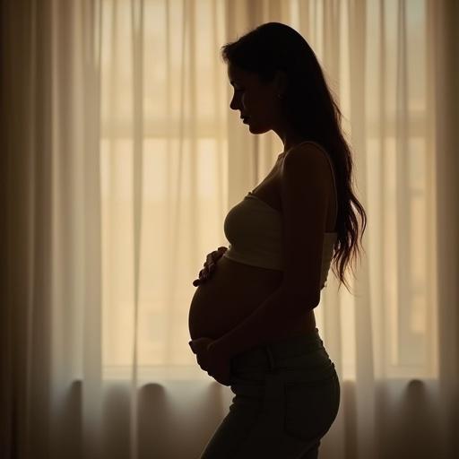 Silhouette of a pregnant woman in profile view. Soft lighting from behind. Casual attire, hands cradling belly. Soft background with draped curtains.