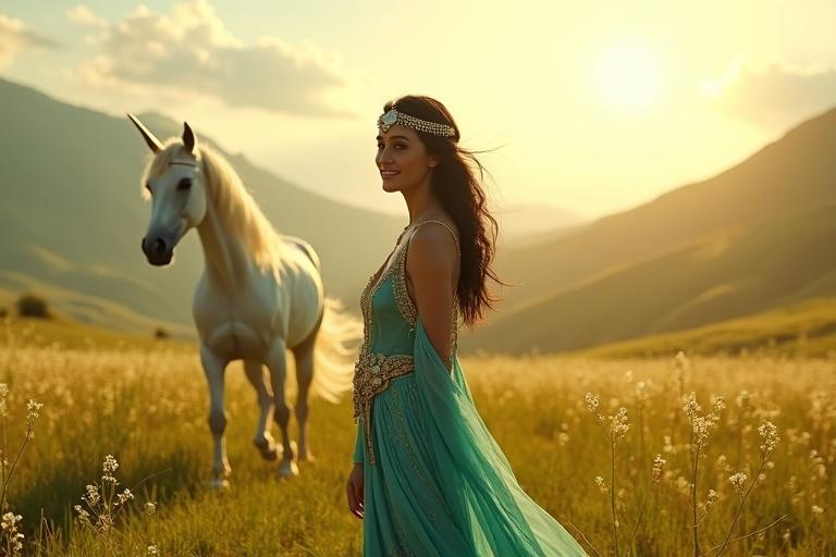 A tall Arabian princess in a turquoise outfit stands in a sunlit grassland. Behind her, a golden temple fades away. Her expression is one of awe and joy. A majestic white unicorn with a silver horn approaches her. The scene is vibrant with flowers and rolling hills, filled with enchanting light.