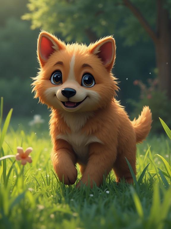 A cute animated dog resembling a Minecraft stray character. The dog has orange fur, big blue eyes, and a playful expression. It stands in a green grassy area with flowers around.