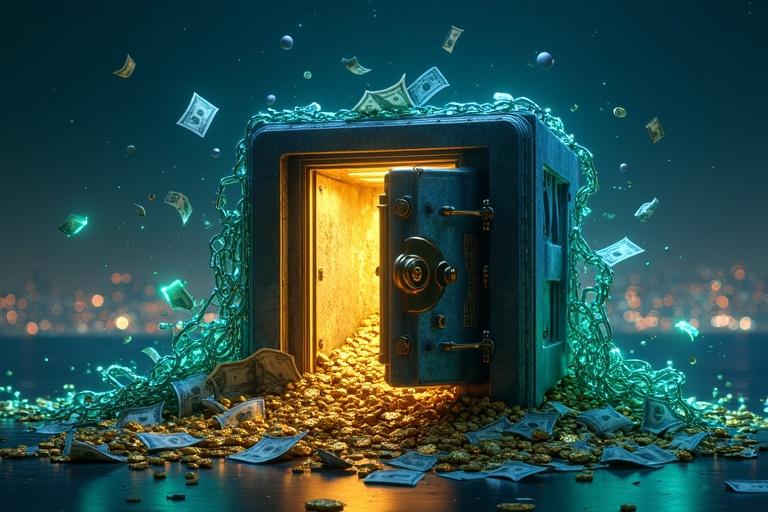 A bank vault cracks apart. Gold coins and dollar bills spill out. Glowing blue and green chains surround it. The vault is set against a dark sky full of stars. A faint city skyline is visible in the background. The scene merges realism with digital art styles.