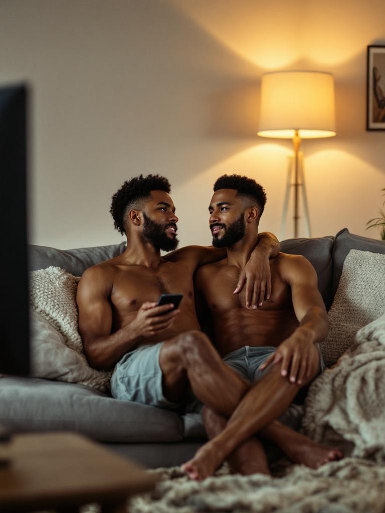 A young couple with light skin lounging on a gray couch in a cozy living room. Engaged in watching television together. They sit close, sharing a relaxed moment. The warm light creates an intimate setting with soft home decor elements.