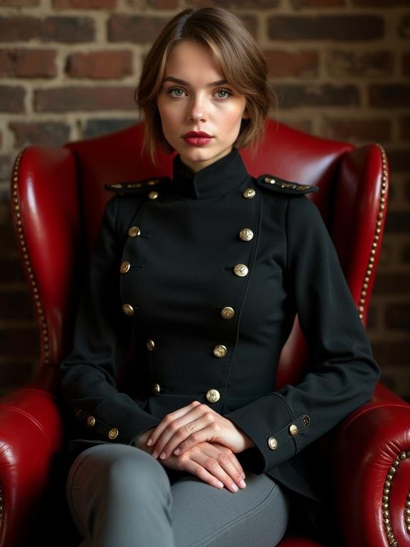A confident girl in a black military uniform with gray pants and boots. She sits in a red leather chair with legs crossed. Walls behind her are made of brick. The uniform has a collar and epaulettes. The girl has short light brown hair and red lips.