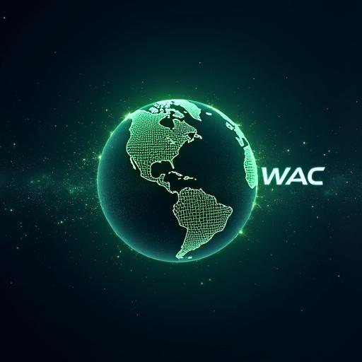 Create a dark blue starry background. Use a glowing globe like Episode 1. Add green glowing lines around the globe. Overlay the word WAC in bold white in the top-right corner. Include subtle green particles for growth and renewal.