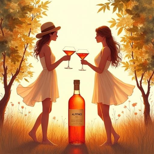 Two women stand in a sun-drenched orchard. They wear flowing sundresses and hold cocktail glasses. A bottle of ALFRUNO sits below emitting a golden-red glow. Art emphasizes minimalism with watercolor pastels and silhouettes against a natural backdrop.