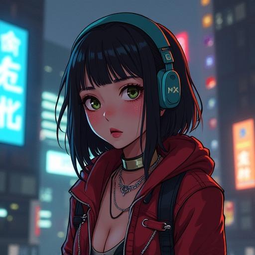 A female character with black hair and headphones in a cyberpunk city. She wears a red hoodie and has striking green eyes. The background is filled with neon lights and tall buildings.