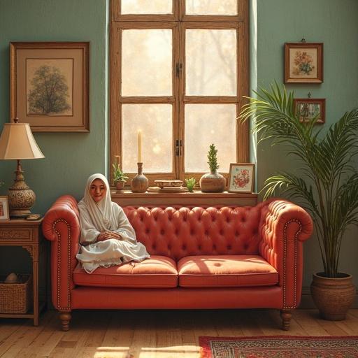A woman in a hijab sitting on a terracotta sofa in front of a window. Plants and decor adorn the room. Natural light comes through the window.