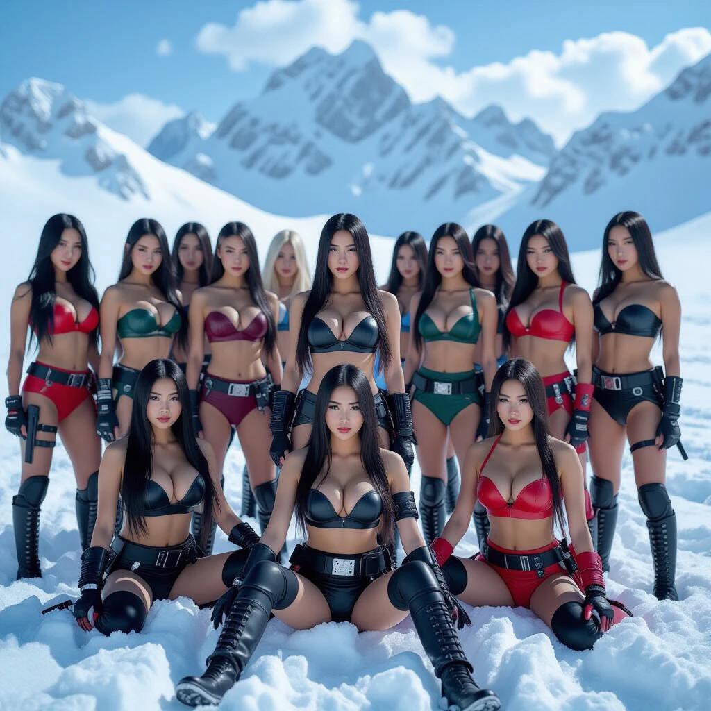 A large group stands in a snowy landscape surrounded by mountains. Women wear colorful leather bras and panties. They have tactical accessories. Their long black hair flows freely. The scene contrasts with pure white snow. They exude dominance and bravery.