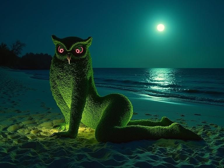 Surreal depiction of a beach scene inspired by Persian mythology. A figure resembling an owl is made of greenery. The beach is illuminated by lanterns and the moon. Eerie flora surrounds the scene. A Persian pleasure garden features unique elements like twisted topiaries and glowing flowers.