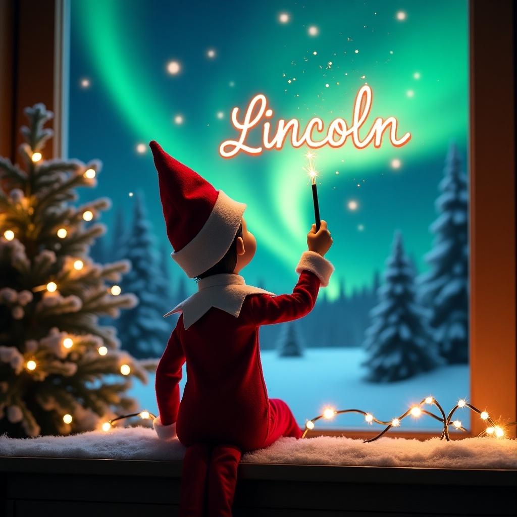 An enchanting Christmas scene features an elf on the shelf positioned at a window, observing the vibrant northern lights. The elf, dressed in classic red and white attire, uses a magic wand to create the name 'Lincoln' in a glowing script above him. The background showcases a snowy landscape with a beautifully decorated Christmas tree nearby. Soft lights add a warm glow to the scene, emphasizing the magical atmosphere. This whimsical portrayal captures the essence of holiday joy and wonder, making it perfect for festive imagery.