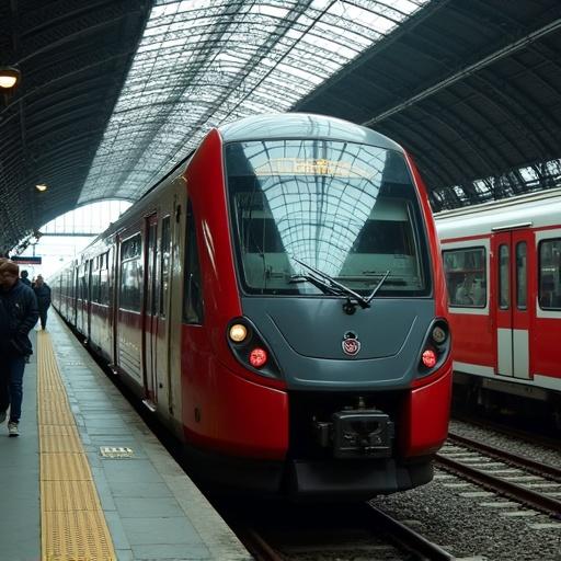 Photorealistic image of a train at a station. A red train on the platform. The station has a modern roof design. Text on top reads 'disagioland'.