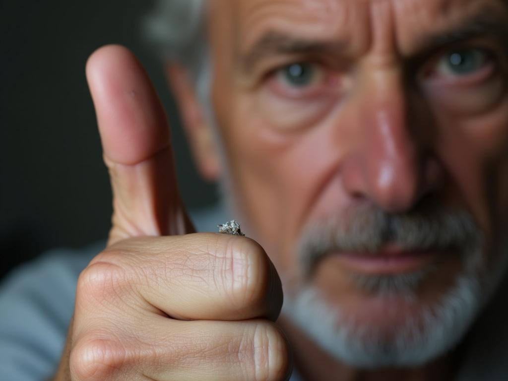 The image features a close-up of a face that seems to belong to an older male, highlighted with soft lighting that emphasizes the texture of the skin. The person is giving a thumbs-up with a focus on the thumb's tip, which showcases a small detail, possibly a hangnail or skin fragment protruding. The background is minimal and slightly blurred, drawing attention to the face and hand, creating an intimate and detailed composition.