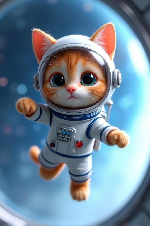 A 3D animated cartoon of a cat in astronaut suit. The cat has large eyes and a curious expression. It floats in zero gravity inside a space station with stars and Earth visible. Pixar-style animation with soft lighting and a cozy atmosphere.