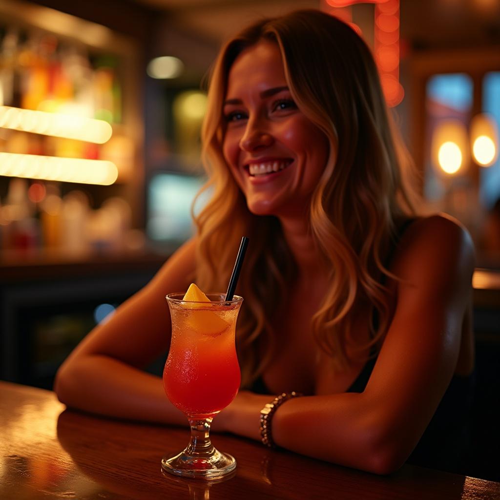 Person holding a colorful cocktail in a warmly lit bar