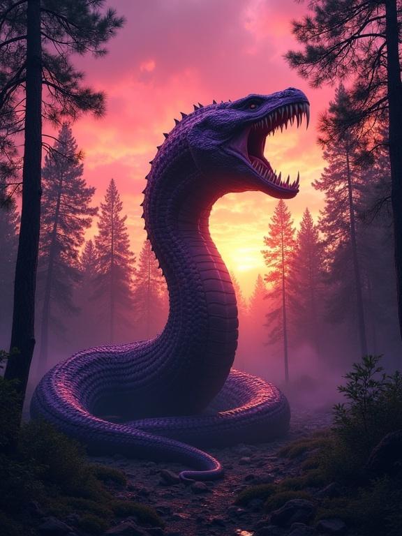 Colossal frightening ribbed purple serpent creature with fanged mouth rears in dense dark pine forest. Sky features apocalyptic fiery sunset with hues of orange red deep purple. Creature illuminated by glowing rim light on body. Rugged dark ground. Ultra-detailed photorealistic design. Horror sci-fi film still. Intense volumetric lighting. Wide angle lens. Low angle shot.